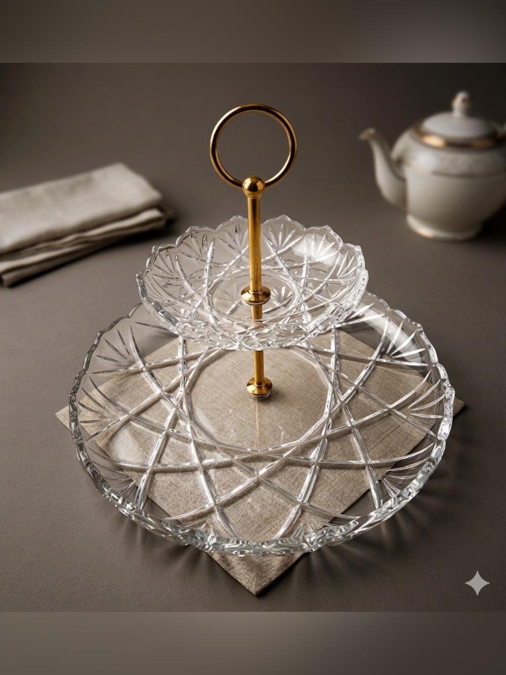 Vintage Crystal 2- Tier Serving Stand Clear Chrystal & Gold Handle H9W12Top6.5”